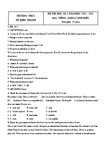 5 Đề thi học kì 1 môn Tiếng Anh 6 (Cánh diều) - Năm học 2021-2022 - Trường THCS Tô Hiến Thành (Có đáp án)