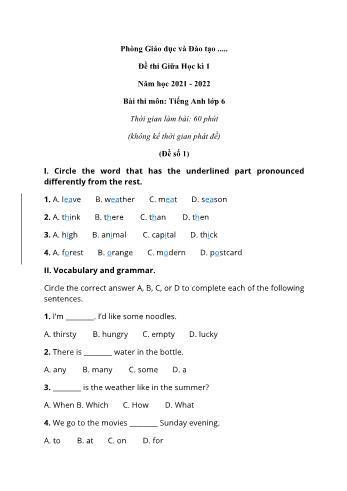 Bộ 5 đề thi giữa học kì 1 môn Tiếng Anh 6 - Năm học 2021-2022 (Có đáp án)
