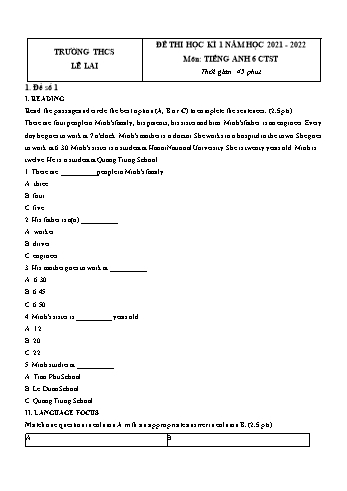 Bộ 5 đề thi học kì 1 môn Tiếng Anh 6 (Chân trời sáng tạo) - Năm học 2021-2022 - Trường THCS Lê Lai (Có đáp án)
