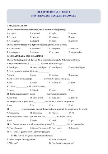 Bộ 5 Đề thi học kì 1 môn Tiếng Anh 6 English Discovery (Có lời giải)