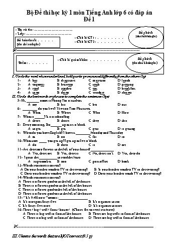 Bộ đề thi học kỳ 1 môn Tiếng Anh Lớp 6 (Có đáp án)