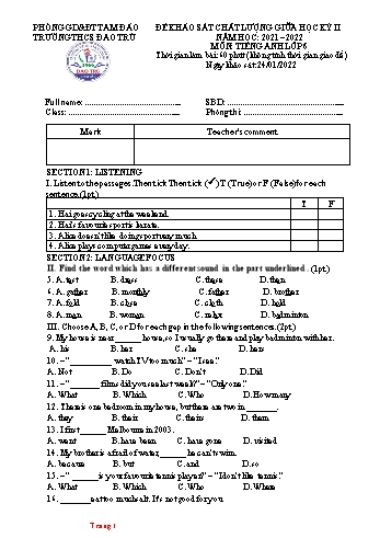Đề khảo sát chất lượng giữa học kỳ II môn Tiếng Anh 6 - Năm học 2021-2022 - Trường THCS Đạo Trù (Kèm hướng dẫn chấm)