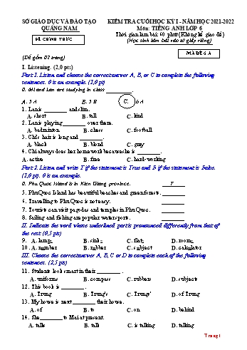 Đề kiểm tra cuối kỳ I môn Tiếng Anh Lớp 6 - Năm học 2021-2022 - Sở GD&ĐT Quảng Nam (Có đáp án)