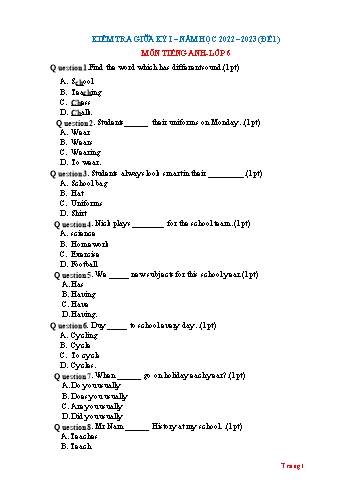 Đề kiểm tra giữa kỳ I môn Tiếng Anh Lớp 6 - Năm học 2022-2023 (Có đáp án)