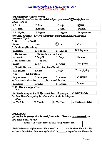 Đề ôn tập giữa kỳ I môn Tiếng Anh Lớp 6 - Năm học 2022-2023