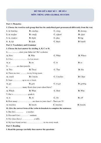Đề thi giữa học kì 1 môn Tiếng Anh 6 Global Success - Đề số 4 (Có lời giải)