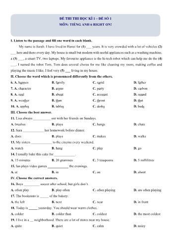 Đề thi học kì 1 môn Tiếng Anh 6 Right on! - Đề số 1 (Có lời giải)