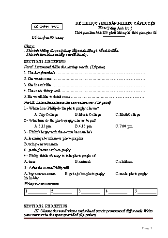 Đề thi học sinh giỏi môn Tiếng Anh 6 - Đề 11 (Có đáp án + File nghe)