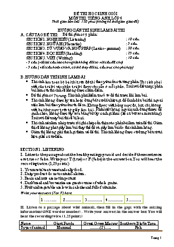 Đề thi học sinh giỏi môn Tiếng Anh 6 - Đề 13 (Có đáp án + File nghe)