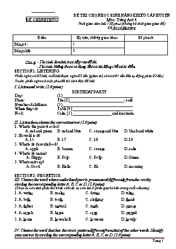 Đề thi học sinh giỏi môn Tiếng Anh 6 - Đề 2 (Có đáp án + File nghe)