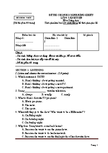 Đề thi học sinh giỏi môn Tiếng Anh 6 - Đề 4 (Có đáp án + File nghe)