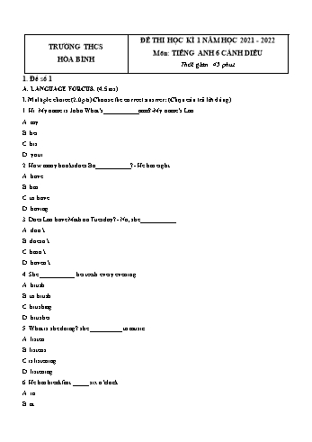 Tổng hợp 5 đề thi học kì 1 môn Tiếng Anh 6 Sách Cánh diều - Năm học 2021-2022 - Trường THCS Hòa Bình (Có đáp án)