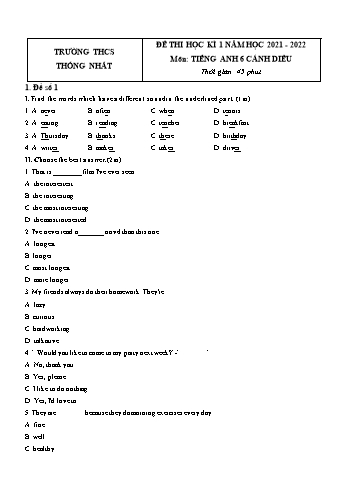 Tổng hợp 5 đề thi học kì 1 môn Tiếng Anh 6 Sách Cánh diều - Năm học 2021-2022 - Trường THCS Thống Nhất (Có đáp án)