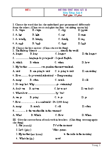 Tuyển tập 11 đề thi thử học kì II môn Tiếng Anh 6 (Có đáp án)
