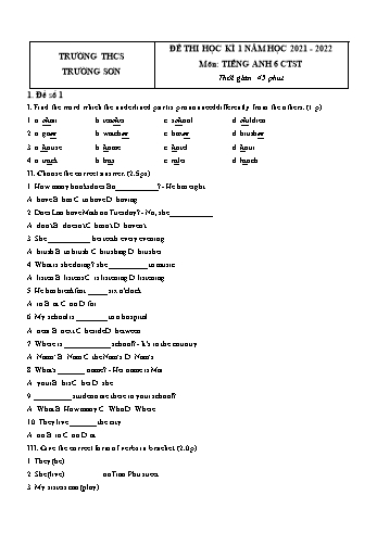 Tuyển tập 5 đề thi học kì 1 môn Tiếng Anh 6 Sách Chân trời sáng tạo - Năm học 2021-2022 - Trường THCS Trường Sơn (Có đáp án)