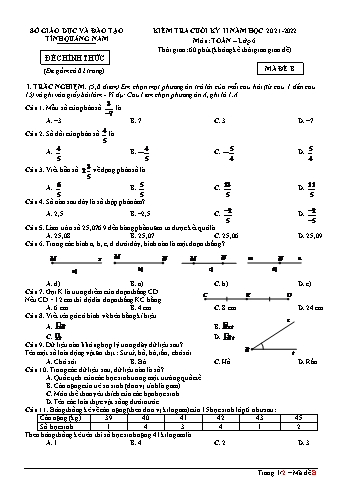 Đề kiểm tra cuối kỳ II môn Toán Lớp 6 - Năm học 2021-2022 - Mã đề B - Sở Giáo dục và đào tạo tỉnh Quảng Nam (Kèm đáp án)