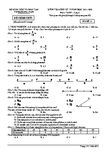 Đề kiểm tra cuối kỳ II môn Toán Lớp 6 - Năm học 2021-2022 - Mã đề A - Sở Giáo dục và đào tạo tỉnh Quảng Nam (Kèm đáp án)