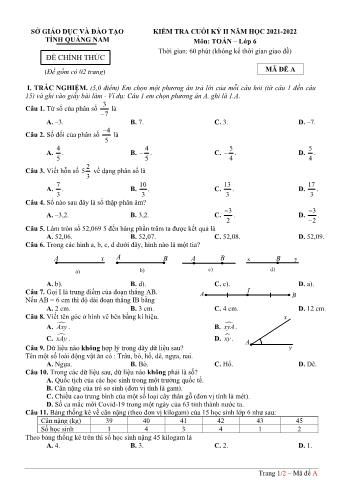 Đề kiểm tra cuối kỳ II môn Toán Lớp 6 - Năm học 2021-2022 - Sở Giáo dục và đào tạo tỉnh Quảng Nam (Có đáp án)