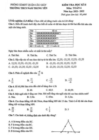 Đề kiểm tra học kỳ 2 môn Toán Lớp 6 - Năm học 2021-2022 - Trường THCS Nam Trung Yên