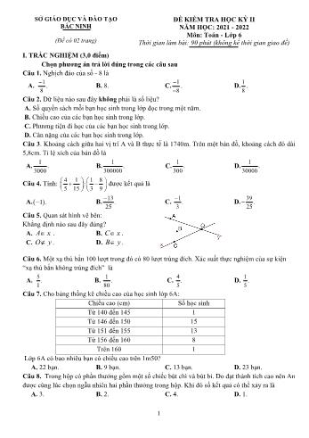 Đề kiểm tra học kỳ II môn Toán Lớp 6 - Năm học 2021-2022 - Sở Giáo dục và đào tạo Bắc Ninh (Có đáp án)