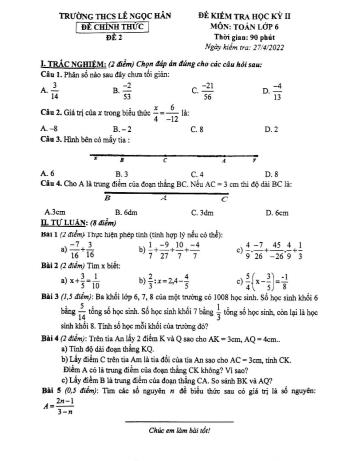 Đề kiểm tra học kỳ II môn Toán Lớp 6 - Năm học 2021-2022 - Trường THCS Lê Ngọc Hân