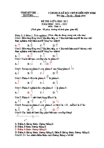 Đề thi giữa học kỳ II môn Toán Lớp 6 - Năm học 2021-2022