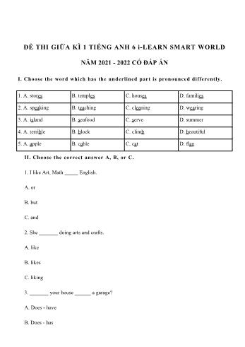 Đề thi giữa kì 1 môn Tiếng anh Lớp 6 i-Learn Smart Word - Năm 2021-2022 (Có đáp án) Đề 2