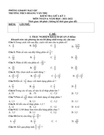 Đề thi giữa kỳ 2 môn Toán Lớp 6 - Năm học 2021-2022 - THCS Hoàng Văn Thụ - Quảng Nam