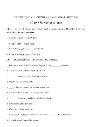 Đề thi học kỳ 2 môn Tiếng Anh Lớp 6 Kết nối tri thức - Năm 2021-2022 (Có đáp án) Đề 1