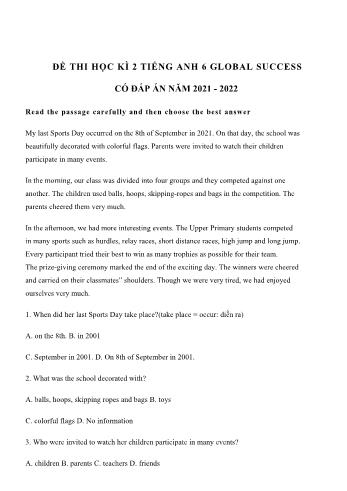 Đề thi học kỳ 2 môn Tiếng Anh Lớp 6 Kết nối tri thức - Năm 2021-2022 (Có đáp án) Đề 2