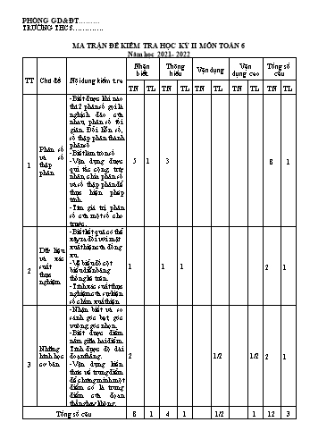 Ma trận đề kiểm tra học kỳ 2 Toán Lớp 6 Sách Cánh Diều - Năm học 2021-2022 (Có đáp án)