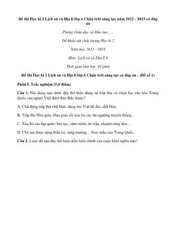 Bộ 4 đề thi học kì 2 môn Lịch sử và Địa lí Lớp 6 Sách Chân trời sáng tạo - Năm học 2022-2023 (Có đáp án)