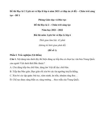 Bộ 4 đề thi học kì 2 môn Lịch sử và Địa lí Lớp 6 Sách Chân trời sáng tạo - Năm học 2021-2022 (Có đáp án)