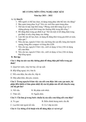 Đề cương học kì II môn Công nghệ Lớp 6 Sách Kết nối tri thức - Năm học 2021-2022