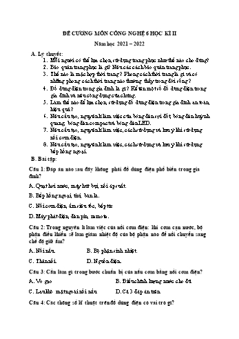 Đề cương học kì II môn Công nghệ Lớp 6 Sách Kết nối tri thức với cuộc sống - Năm học 2021-2022