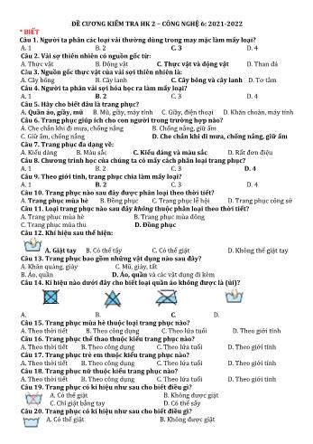 Đề cương kiểm tra học kì 2 môn Công nghệ Lớp 6 Sách Chân trời sáng tạo - Năm học 2021-2022