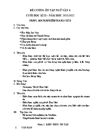 Đề cương ôn tập cuối học kì II môn Ngữ văn Lớp 6 Sách Chân trời sáng tạo - Năm học 2021-2022