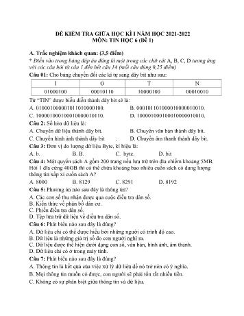 Đề kiểm tra giữa học kì I môn Tin học Lớp 6 Sách Kết nối tri thức - Năm học 2021-2022 (Có đáp án)