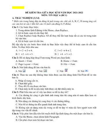 Đề kiểm tra giữa học kì II môn Tin học Lớp 6 Sách Kết nối tri thức - Năm học 2021-2022 (Có đáp án)
