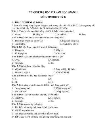 Đề kiểm tra học kì I môn Tin học Lớp 6 Sách Kết nối tri thức - Năm học 2021-2022