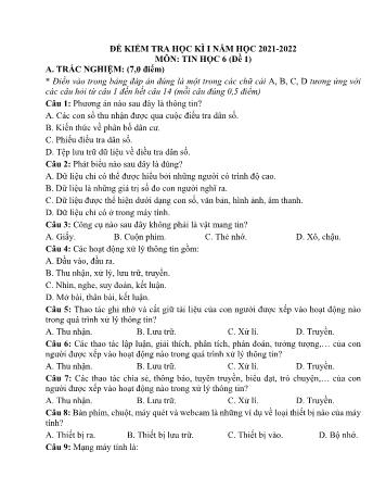 Đề kiểm tra học kì I môn Tin học Lớp 6 Sách Kết nối tri thức - Năm học 2021-2022 (Có đáp án)