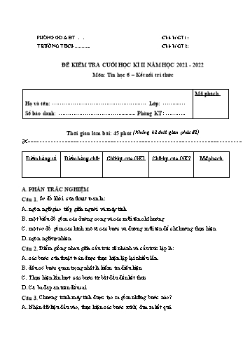 Đề kiểm tra học kì II môn Tin học Lớp 6 Sách Kết nối tri thức với cuộc sống - Năm học 2021-2022 - Đề 2 (Có đáp án)