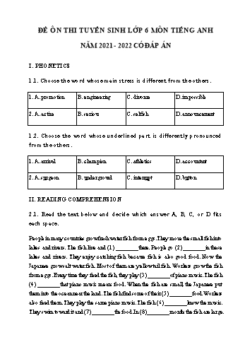 Đề ôn thi tuyển sinh vào Lớp 6 môn Tiếng Anh - Năm học 2021-2022 (Có đáp án)