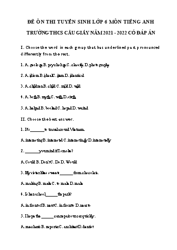 Đề ôn thi tuyển sinh vào Lớp 6 môn Tiếng Anh - Năm học 2021-2022 - Trường THCS Cầu Giấy (Có đáp án)