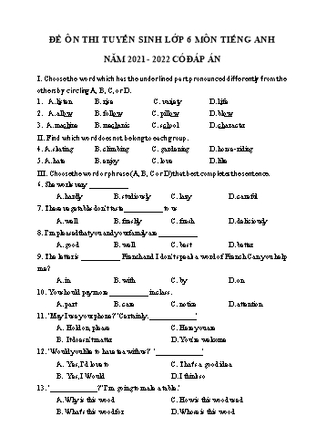 Đề ôn thi tuyển sinh vào Lớp 6 môn Tiếng Anh - Năm học 2021-2022 - Đề số 1 (Có đáp án)
