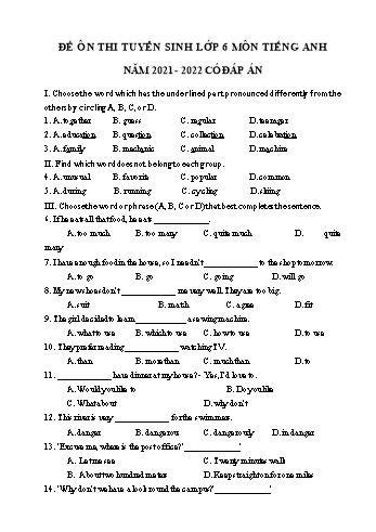 Đề ôn thi tuyển sinh vào Lớp 6 môn Tiếng Anh - Năm học 2021-2022 - Đề số 4 (Có đáp án)