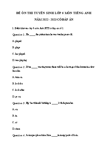 Đề ôn thi tuyển sinh vào Lớp 6 môn Tiếng Anh - Năm học 2022-2023 - Trường THCS Nguyễn Tất Thành (Có đáp án)