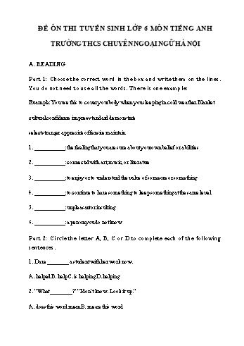 Đề ôn thi tuyển sinh vào Lớp 6 môn Tiếng Anh - Trường THCS chuyên Ngoại Ngữ Hà Nội - Đề 1 (Có đáp án)