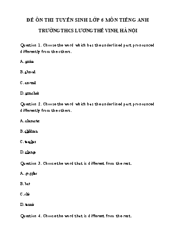 Đề ôn thi tuyển sinh vào Lớp 6 môn Tiếng Anh - Trường THCS Lương Thế Vinh (Có đáp án)