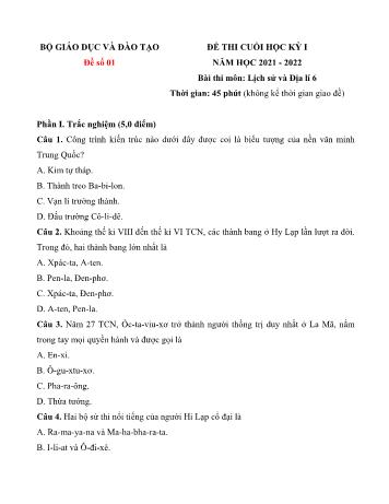 Đề thi cuối học kỳ I môn Lịch sử và Địa lí Lớp 6 Sách Cánh diều - Năm học 2021-2022 (Có đáp án)